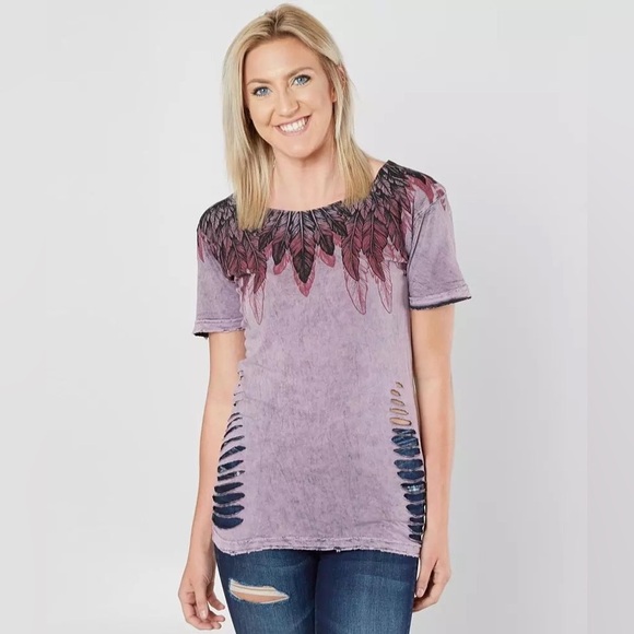 Affliction Feathered Wings Reversible T-Shirt Lilas Black Lava Tint Was Size XL - Picture 1 of 9